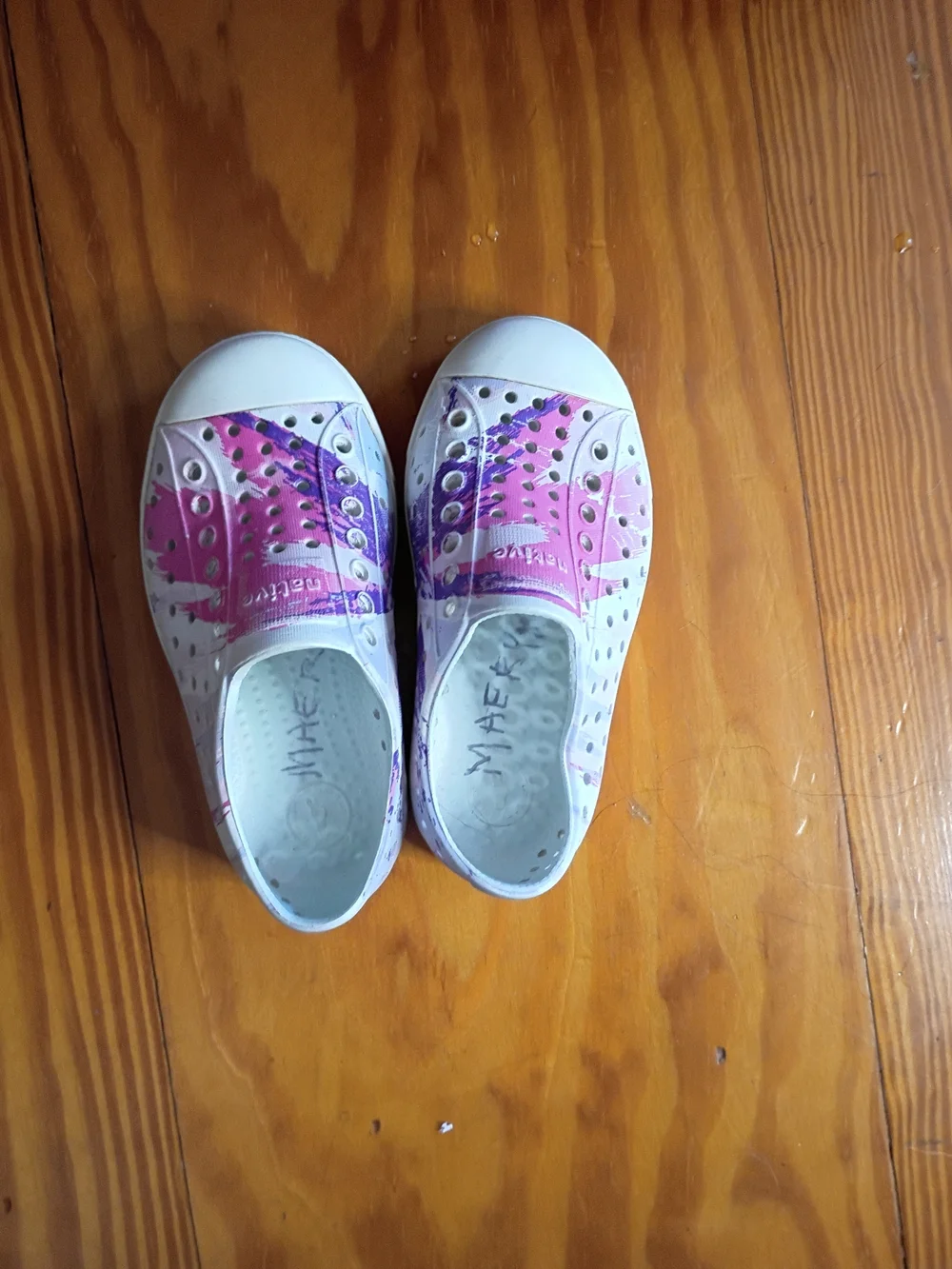 Native Kids Shoes — White with Pink & Purple Graphic Slip-On